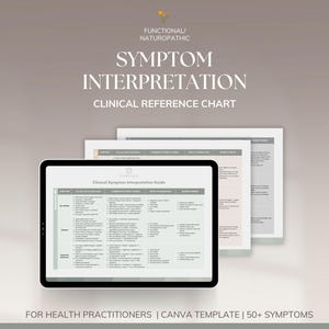 May include: A digital tablet showing a clinical symptom interpretation guide, with two reference charts behind it. The text reads "Symptom Interpretation Clinical Reference Chart" and "For Health Practitioners | Canva Template | 50+ Symptoms."