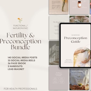 Könnte beinhalten: Ein digitales Bundle für Fachkräfte im Gesundheitswesen mit dem Text "Fertility & Preconception Bundle". Das Bundle enthält 140 Social-Media-Posts, 35 Social-Media-Reels, ein 36-seitiges E-Book, 2 Handouts und einen Lead-Magneten. Ein Tablet zeigt einen "Preconception Guide".