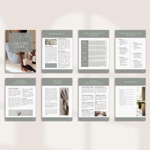 May include: A layout of a "Creatine Guide" book with several pages displayed. The cover features the title in a modern font, with a person in the background. The other pages have text and images, with headings like "Introduction" and "Health Benefits of Creatine".