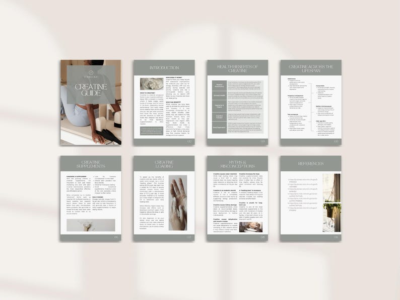 May include: A layout of a "Creatine Guide" book with several pages displayed. The cover features the title in a modern font, with a person in the background. The other pages have text and images, with headings like "Introduction" and "Health Benefits of Creatine".
