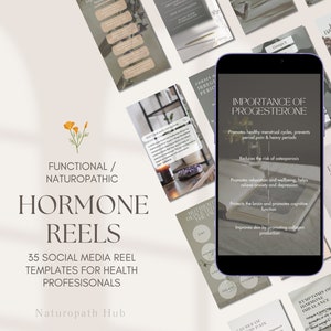 May include: A collection of 35 social media reel templates for health professionals, featuring a phone screen displaying the importance of progesterone and its benefits. The templates are designed with a minimalist aesthetic and feature a floral motif.