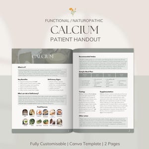 Op de afbeelding: Een dubbelzijdige patiëntenfolder met de titel "CALCIUM" en de tekst "FUNCTIONAL/NATUROPATHIC" bovenaan. De folder bevat informatie over calcium, belangrijke voordelen, deficiëntie tekenen en voedselbronnen. De onderkant luidt "Fully Customisable | Canva Template | 2 Pages."