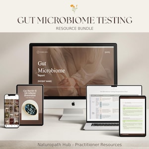 Puede incluir: Un paquete de recursos digitales para pruebas de microbioma intestinal, que se muestra en una computadora de escritorio, una computadora portátil, una tableta y un teléfono inteligente. La pantalla del escritorio muestra un "Gut Microbiome Report". La imagen incluye el texto "Gut Microbiome Testing Resource Bundle".