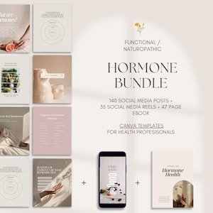 May include: A digital product bundle for health professionals focused on hormone health. The bundle includes 140 social media posts, 35 social media reels, a 47-page ebook, and Canva templates. The image shows a collage of various digital templates, including a phone screen displaying a graphic, a book cover, and a graphic with a circle diagram.
