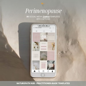 May include: A smartphone displaying a social media grid of 50 Perimenopause Canva templates with captions. The screen shows a profile with various pink and neutral-toned post designs. The text reads Perimenopause 50 SOCIAL MEDIA CANVA TEMPLATES.