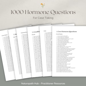 May include: A stack of white papers with the title "1000 Hormone Questions" and the subtitle "For Case Taking". The papers are organized by topic, including "Liver Detos", "Pain", and "Core Hormone Questions". The bottom of the image reads "Naturopath Hub - Practitioner Resources".