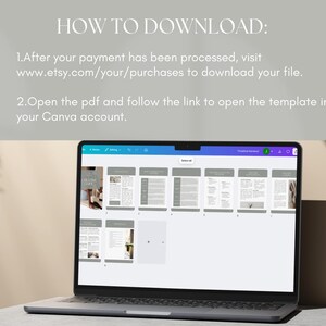 May include: A laptop displaying a digital document with multiple pages. The screen shows a layout with text and images. Above the laptop, the text reads "HOW TO DOWNLOAD:" followed by instructions on how to download the file from Etsy and open it in Canva.