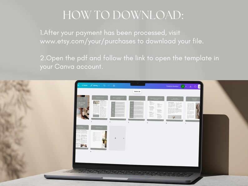 May include: A laptop displaying a digital document with multiple pages. The screen shows a layout with text and images. Above the laptop, the text reads "HOW TO DOWNLOAD:" followed by instructions on how to download the file from Etsy and open it in Canva.