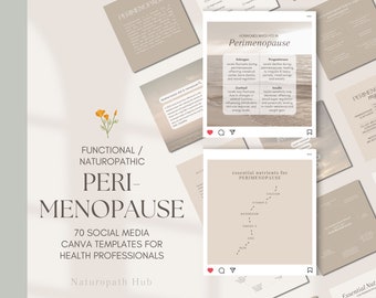 May include: A collection of social media Canva templates for health professionals. The templates are designed with a neutral color palette and feature text about perimenopause, including hormones and essential nutrients. The design includes a floral graphic.