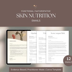 Könnte beinhalten: Ein digitales Produkt-Mockup mit einem Tablet, das ein Dokument mit dem Text "YOUR LOGO" anzeigt. Das Bild zeigt auch mehrere Seiten mit den Titeln "Optim", "Vit" und "Acne-sugar link". Der Text "SKIN NUTRITION EMAILS" wird oben angezeigt.