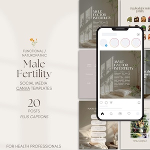 Könnte beinhalten: Social-Media-Canva-Vorlagen für männliche Fruchtbarkeit, mit 20 Beiträgen und Bildunterschriften. Das Design umfasst ein Smartphone, das Instagram-Posts anzeigt, mit Text und Bildern zu Gesundheit und Wellness.