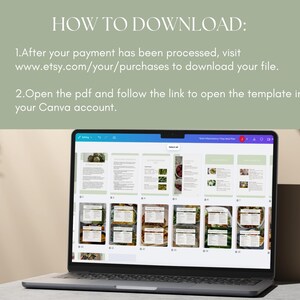 May include: A laptop displaying a digital document with multiple pages, showcasing a design template. The screen shows a variety of layouts with text and images. Above the laptop, text reads "HOW TO DOWNLOAD:" followed by instructions on how to download the file.