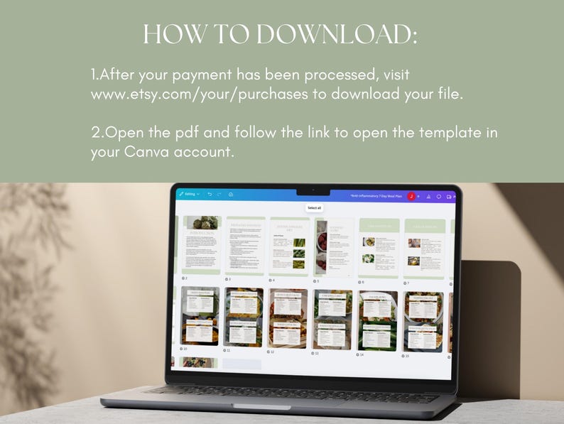 May include: A laptop displaying a digital document with multiple pages, showcasing a design template. The screen shows a variety of layouts with text and images. Above the laptop, text reads "HOW TO DOWNLOAD:" followed by instructions on how to download the file.