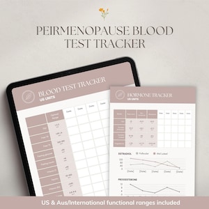 Könnte beinhalten: Ein digitales Tablet und ein ausgedrucktes Dokument mit einem Perimenopause-Bluttest-Tracker. Die Formulare haben malvenfarbene Kopfzeilen, weiße Raster für Datumsangaben, Abschnitte für US-Einheiten, Hormonverfolgung und Liniendiagramme für Estradiol.