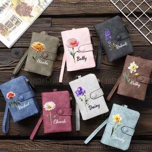 Cartera de cuero personalizada para mujer Cartera de mujer con nombre y flor de nacimiento personalizada, regalos para mamá, regalos para ella, regalo de billetera hecha a mano