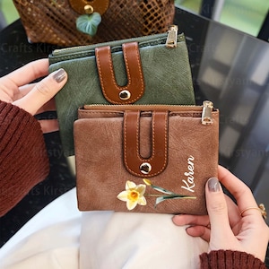 Personalized Leather Women Wallet with Birth Flower,Custom Name Purse print Initial Coin Wallet,Mother's Day gift,Gifts for Her and Mom