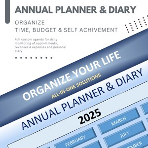 Può includere: Un planner di calendario blu e bianco con il testo "Organize Your Life" e "Annual Planner & Diary 2025".
