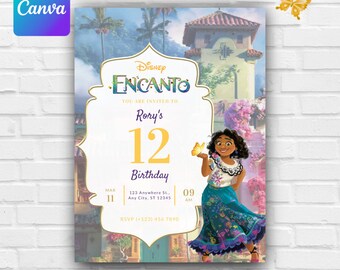 Op de afbeelding: Een kleurrijke verjaardagsuitnodiging met het Disney Encanto-thema. De uitnodiging bevat de tekst "Rory's 12 Birthday" met een illustratie van een personage uit de film. De uitnodiging bevat ook de datum, tijd en RSVP-informatie.