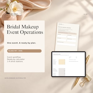 Könnte beinhalten: Eine digitale Geschäftssammlung für Braut-Make-up-Event-Abläufe mit ausfüllbarem PDF und Excel-Tabelle. Das Dokument enthält einen Ready-by-Rechner, Event-Workflow und 1-4 Künstlerstationen. Text: Bridal Makeup Event Operations, One event. A ready-by plan., Fillable PDF + Excel.