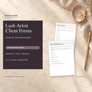 May include: A 9-page printable bundle of lash artist client forms featuring a dark purple graphic with white text and two white paper forms titled Rebooking request form and Contact and booking preferences, accompanied by a gold pen.