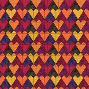 Puede incluir: Un patrón geométrico repetitivo de formas de rombo naranja, rojo, morado, marrón y amarillo. El patrón se crea superponiendo triángulos.