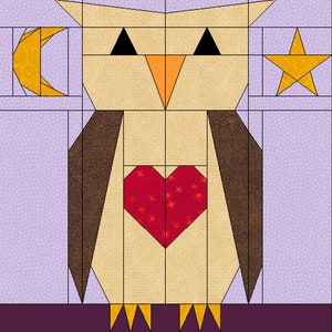 May include: A brown and beige owl with a red heart and a yellow star on a purple background. The owl has a yellow beak and black eyes.