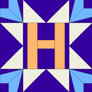 May include: Geometric quilt block design featuring a large letter "H" in peach against a deep blue background. The design includes cream and light blue triangles and starburst shapes, creating a symmetrical pattern.
