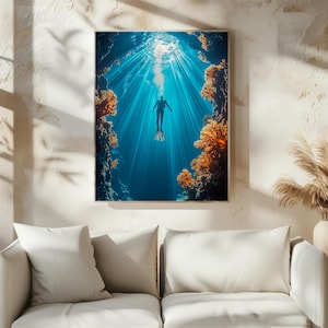 Underwater Diver Wall Art | Ocean Cave Sunlight Digital Print | Scuba Diving Reef Decor| Digital Print Wall Art | Wall Décor | Wall Art Gift
