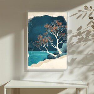 Impresión de arte de pared de árbol oceánico minimalista / Obra de arte digital costera / Paisaje de playa moderno / Arte de pared con impresión digital / Decoración de pared / Regalo de arte de pared