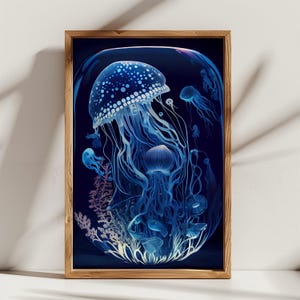 Glowing Jellyfish Digital Wall Art | Blue Ocean Sea Life Print | Underwater Marine Art | Digital Print Wall Art | Wall Décor | Wall Art Gift