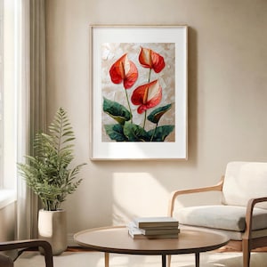 Red Anthurium Floral Wall Art – Palette Knife Botanical Print | Tropical Flower Art | Digital Print Wall Art | Wall Décor | Wall Art Gift
