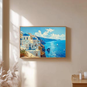 Santorini Greece Coastal Wall Art | Blue Dome Church Seascape Print | Greek Island Art | Digital Print Wall Art | Wall Décor | Wall Art Gift