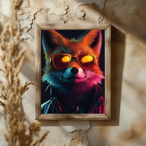 Cool Fox Wall Art Print | Neon Pop Art Animal Digital Download | Fox with Sunglasses | Digital Print Wall Art | Wall Décor | Wall Art Gift