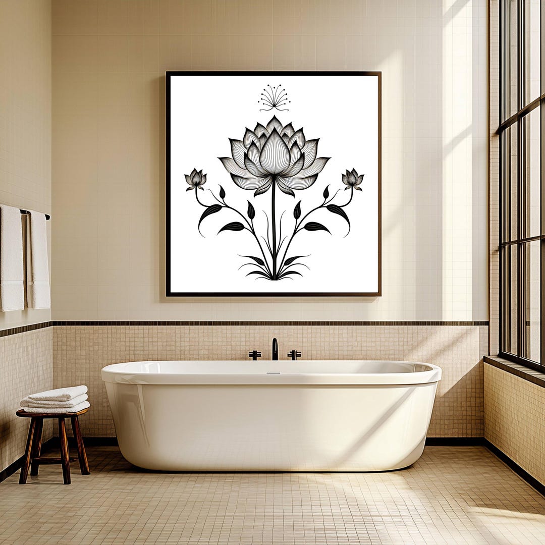Lotus Flower Line Art Print – Minimalist Black Botanical Wall Art | Zen ...