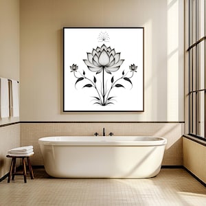 Lotus Flower Line Art Print – Minimalist Black Botanical Wall Art | Zen Digital Print | Digital Print Wall Art | Wall Décor | Wall Art Gift