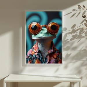 Funky kikker kunst aan de muur | Retro kikker in Hawaïaans overhemd en tinten | Grappige dierenprint | Digitale muurkunst print | Wanddecoratie | Muurkunstcadeau