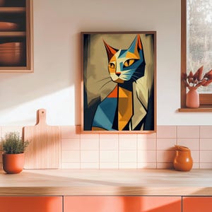 Cubist Cat Digital Wall Art – Geometric Cat Poster | Abstract Feline Print | Textile Wall Art | Wall Décor | Wall Art Gift