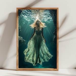 Sztuka ścienna podwodna kobieta | Surrealistyczna syrena estetyczny wydruk cyfrowy | Plakat fantasy | Sztuka ścienna z wydrukiem cyfrowym | Dekoracja ścienna |  Prezent ścienny