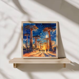 Arte de pared con acuarela de bosque baobab / Impresión digital de atardecer africano / Paisaje tribal / Arte de pared con impresión digital / Decoración de pared / Regalo de arte de pared