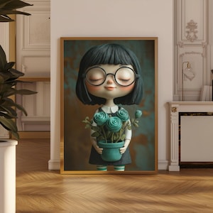 Cute Clay Doll Art Print | 3D Cartoon Girl with Flowers & Glasses | Whimsical Kids Art | Digital Print Wall Art | Wall Décor | Wall Art Gift