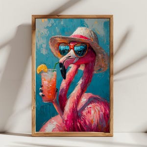 Tropical Flamingo Wall Art | Pink Flamingo with Cocktail Digital Print | Beach Decor | Digital Print Wall Art | Wall Décor | Wall Art Gift