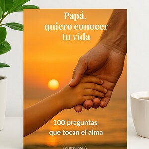 以下が含まれることがあります： スペイン語のグリーティングカード。テキストは「Papá, quiero conocer tu vida」と「100 preguntas que tocan el alma」。夕焼けを背景に、子供の手が大人の手を握っている様子が描かれています。