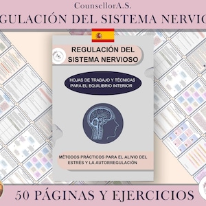 Może przedstawiać: Kolorowy zeszyt ćwiczeń zatytułowany "Regulacion del Sistema Nervioso" z ilustracją mózgu i tekstem "50 Paginas y Ejercicios". Zeszyt zawiera arkusze ćwiczeń i techniki dla wewnętrznej równowagi i ulgi w stresie.