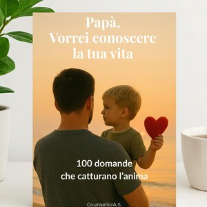 Può includere: Una cartolina con il testo "Papà, Vorrei conoscere la tua vita" e "100 domande che catturano l'anima". La cartolina presenta un padre e un bambino con un cuore rosso. Lo sfondo è un tramonto.