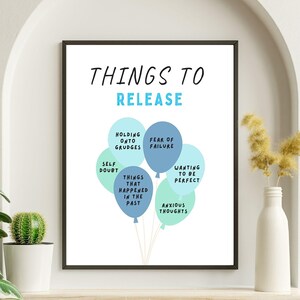 May include: A printable poster with the text "Things to Release" in black text on a white background. The poster features six blue and green balloons with phrases written on them, such as "Holding onto grudges", "Fear of failure", "Self doubt", "Things that happened in the past", "Wanting to be perfect", and "Anxious thoughts".