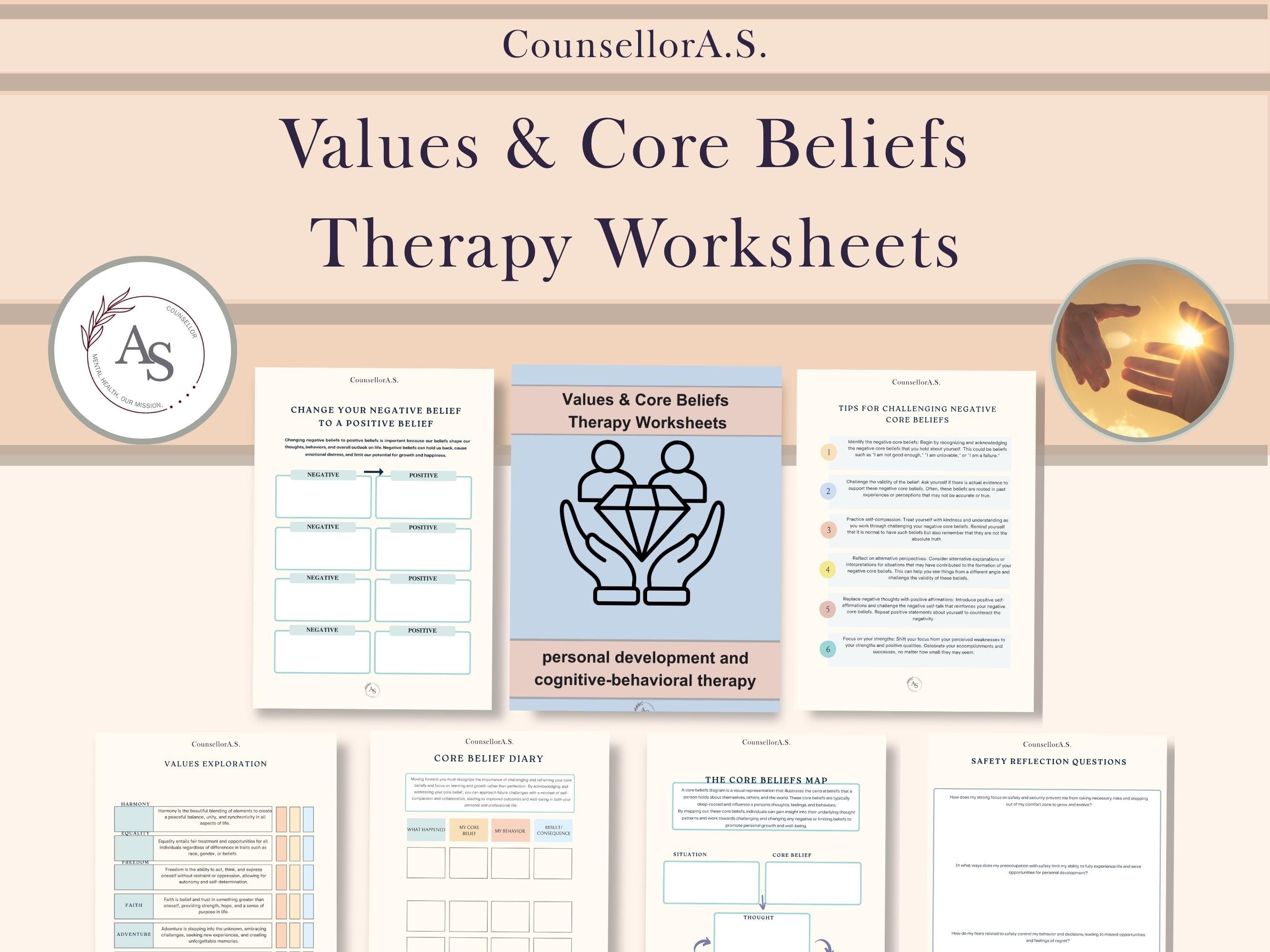 Values and Core Beliefs Therapy Worksheets | CBT Printable Workbook ...