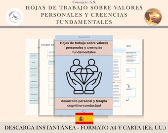 May include: A digital worksheet titled "Worksheets on Personal Values and Fundamental Beliefs" in Spanish. The design features a diamond graphic held by two hands, with text indicating personal development and cognitive-behavioral therapy. The Spanish flag is also visible.