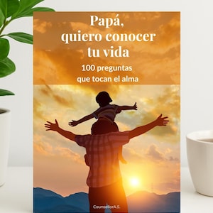 May include: A book cover with the title "Papá, quiero conocer tu vida" (Dad, I want to know your life). The image shows a silhouette of a person carrying a child on their shoulders, arms outstretched, against a sunset backdrop. The book also includes the text "100 preguntas que tocan el alma".