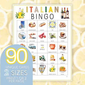 Cartões de jogo imprimíveis do bingo da Itália, bingo mediterrâneo italiano, jogo da Itália com azeitona de limão amarelo, caça ao tesouro da cidade da Europa de viagem B14