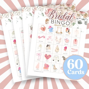 Bingo de despedida de soltera, tarjetas de bingo imprimibles, juego de novia para ser, diversión antes de la boda, 60 tarjetas únicas, bonito juego de despedida de soltera, 2 tamaños B17